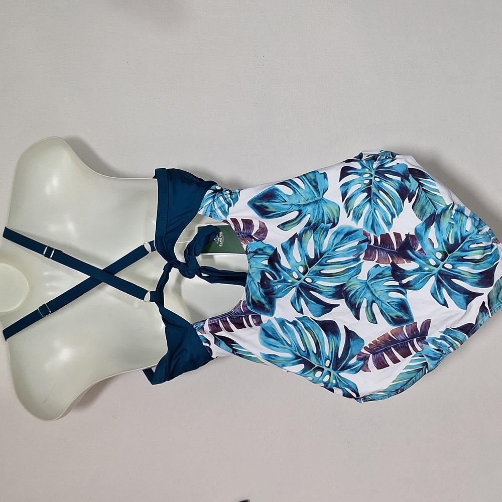 Eomenie Leaf Print Cutout One Piece Swimsuit Teal Large - Picture 7 of 9